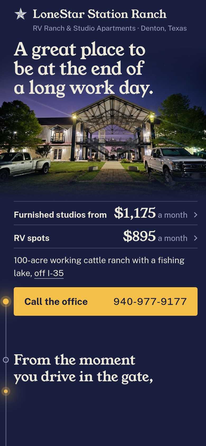 This preview on an iPhone, first screen: the ranch at night, the studio and RV prices, and the Call the office button.