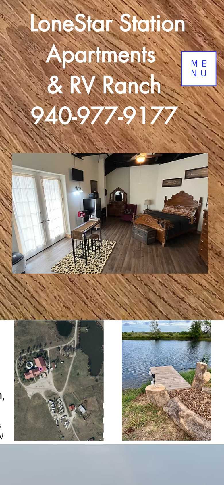 Your home page today on an iPhone, first screen: the name and phone number in white over a wood-grain background, a studio photo, then a satellite view and a lake photo.